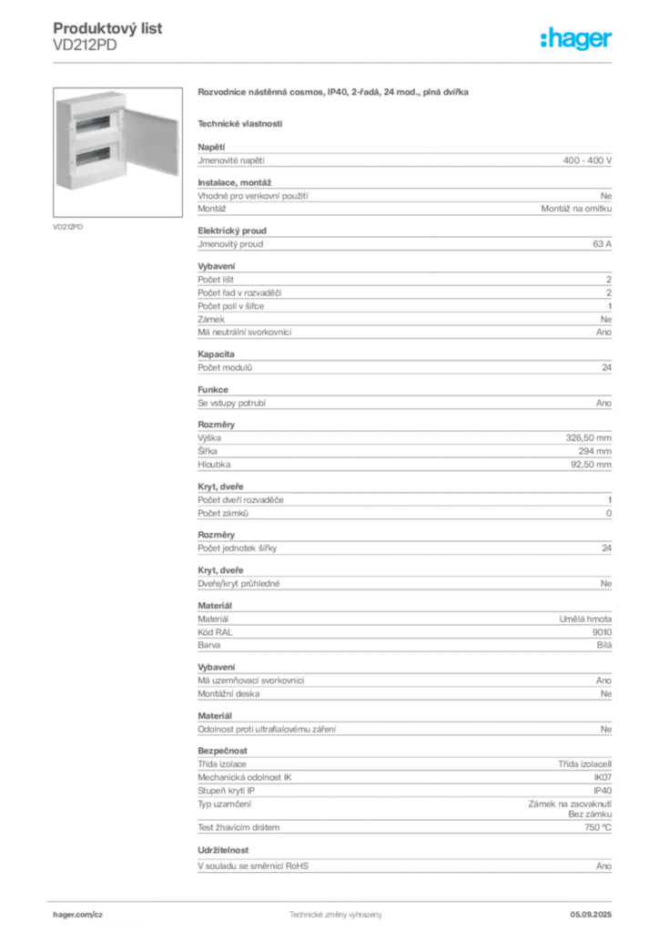 Obrázek Hager Produktový list VD212PD | Hager