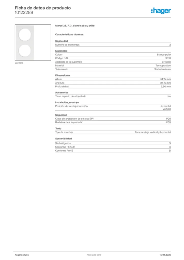 Imagen Hager Ficha de datos de producto 10122289 | Hager España