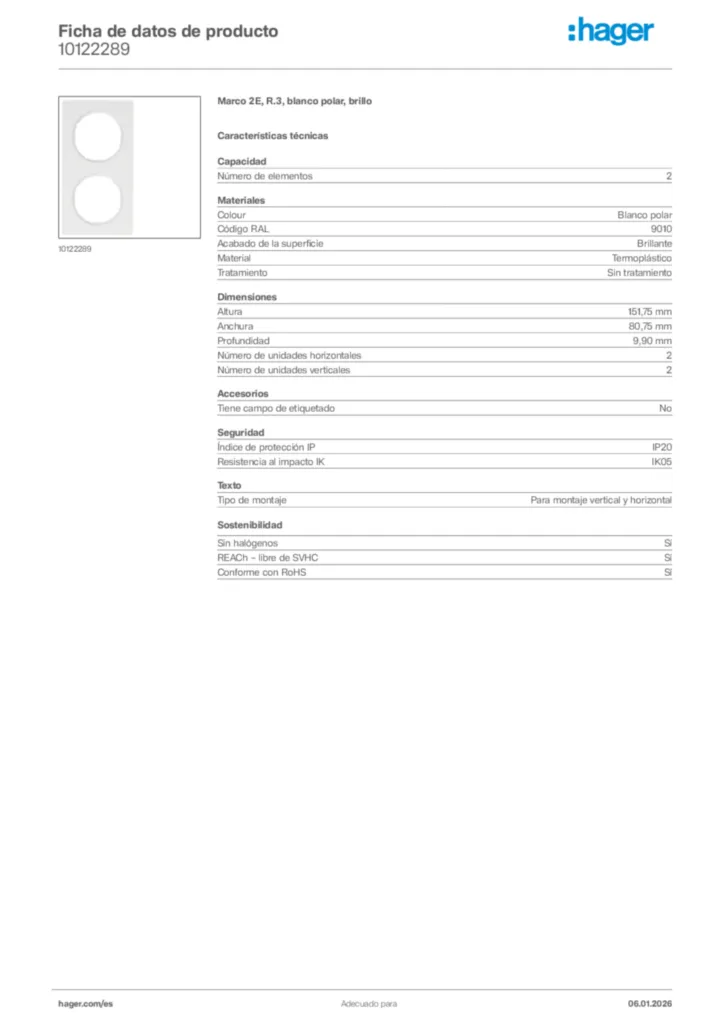 Imagen Hager Ficha de datos de producto 10122289 | Hager España