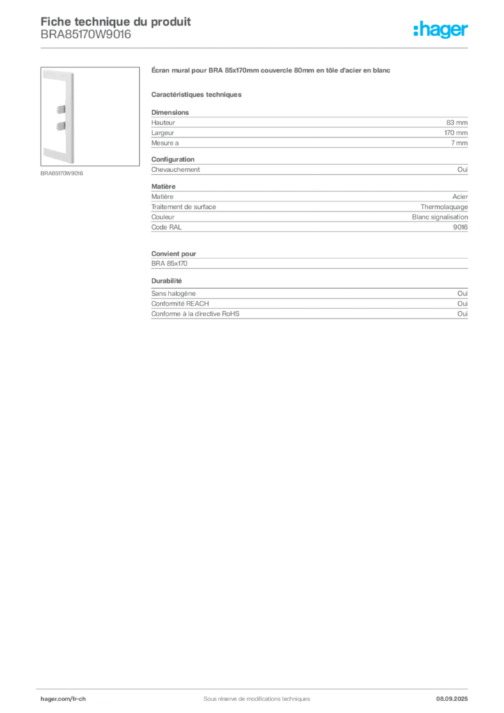 Image Hager Fiche technique du produit BRA85170W9016 | Hager Suisse