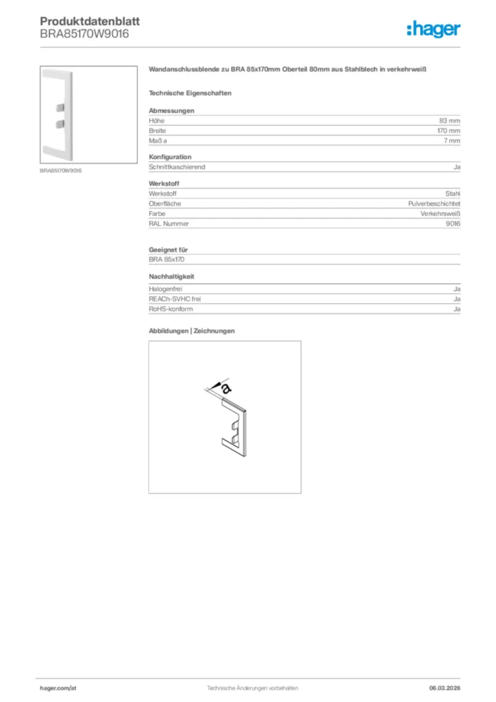 Bild Hager Produktdatenblatt BRA85170W9016 | Hager Deutschland