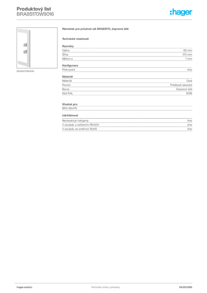 Obrázek Hager Produktový list BRA85170W9016 | Hager