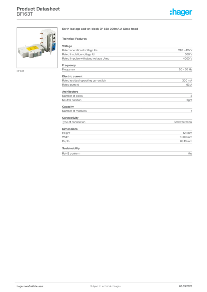 Image Hager Product data sheet BF163T  | Hager