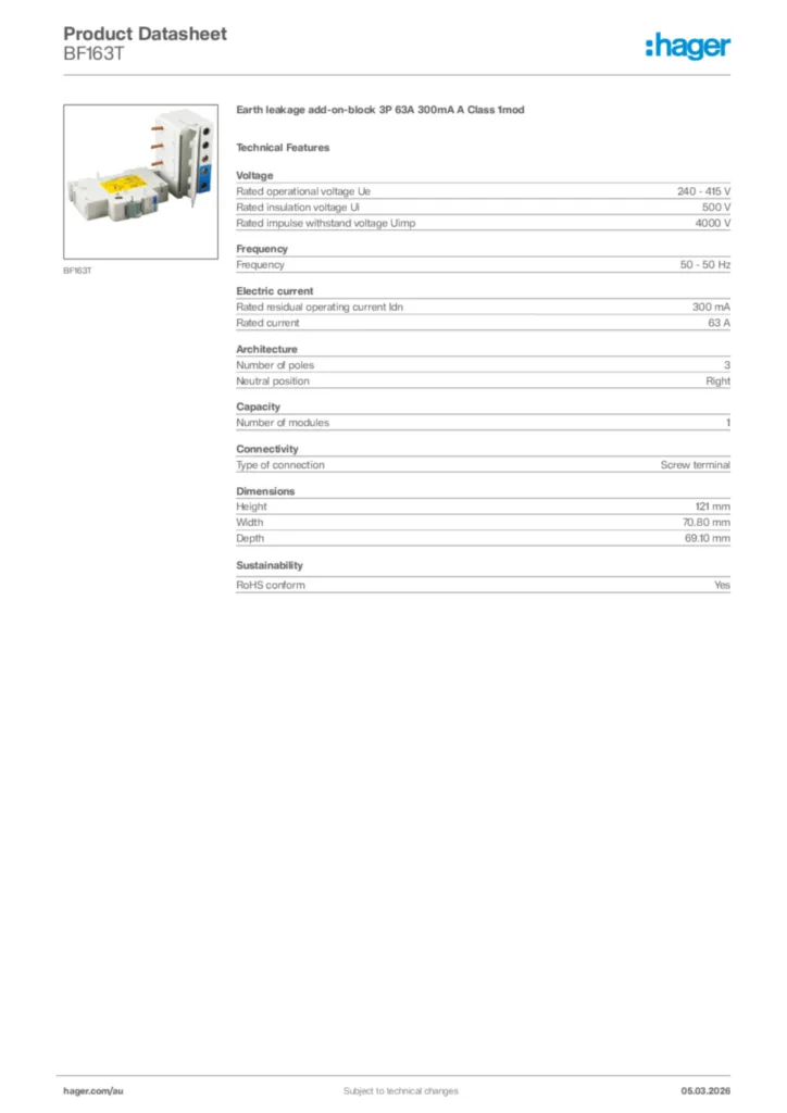 Image Hager Product data sheet BF163T  | Hager Australia
