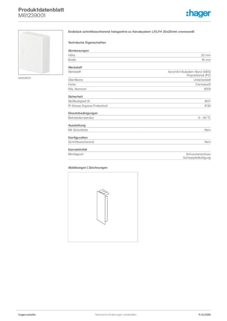 Bild Hager Produktdatenblatt M61239001 | Hager Deutschland