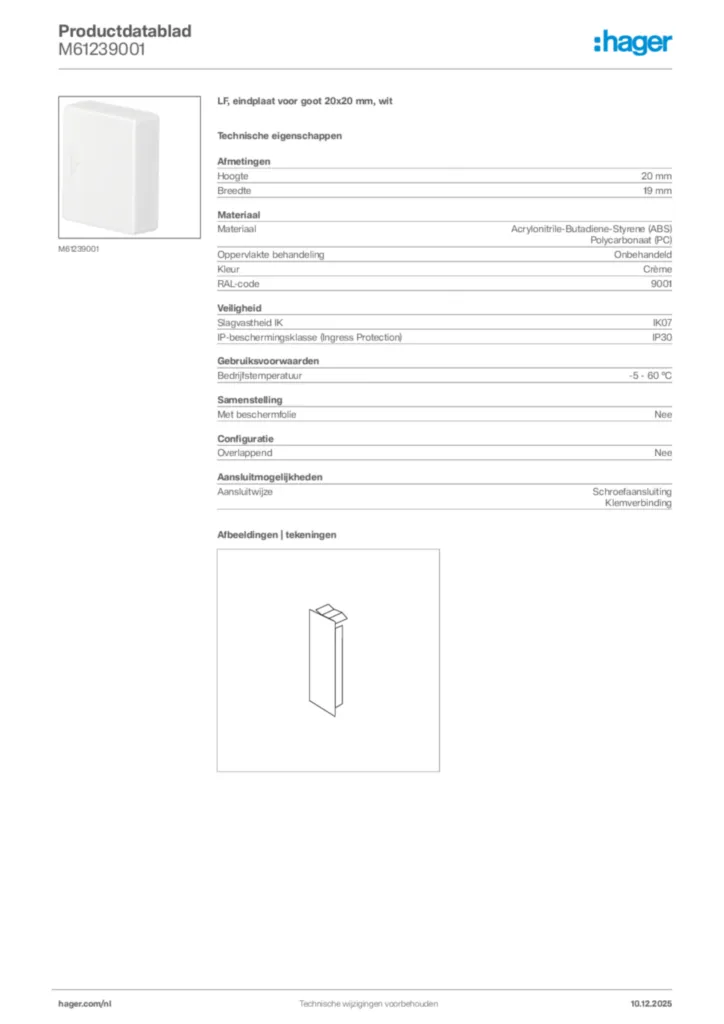 Afbeelding Hager Productdatablad M61239001 | Hager Nederland