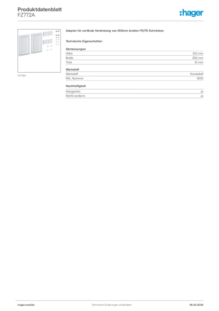 Bild Hager Produktdatenblatt FZ772A | Hager Deutschland