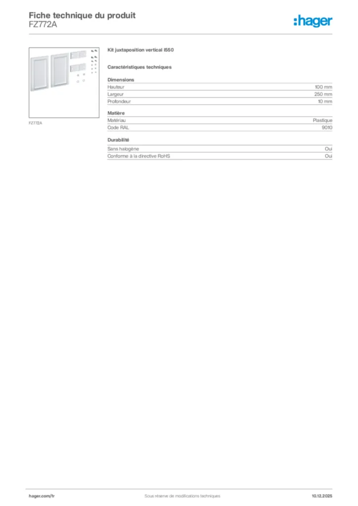 Image Hager Fiche technique du produit FZ772A | Hager France