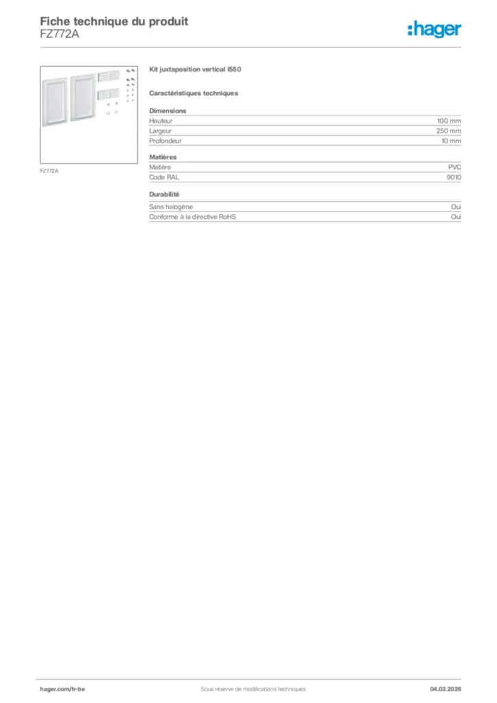 Image Hager Fiche technique du produit FZ772A | Hager Belgique