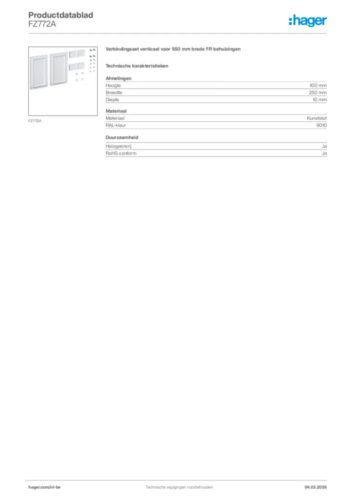 Afbeelding Hager Productdatablad FZ772A | Hager Belgium
