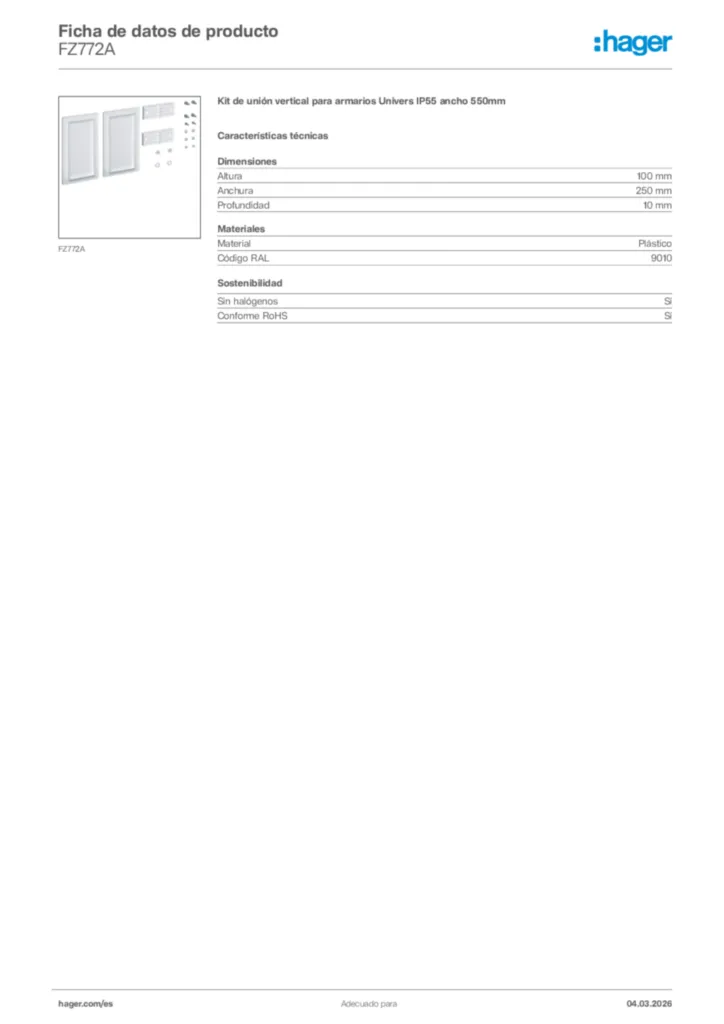 Imagen Hager Ficha de datos de producto FZ772A | Hager España