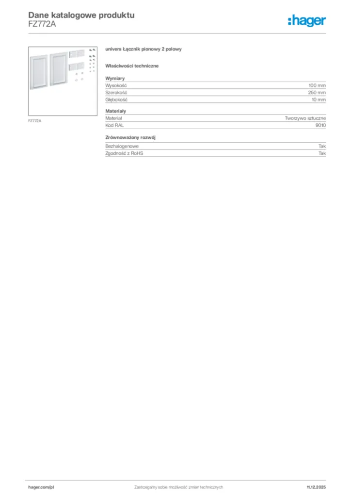 Zdjęcie Hager Dane katalogowe produktu FZ772A | Hager Polska