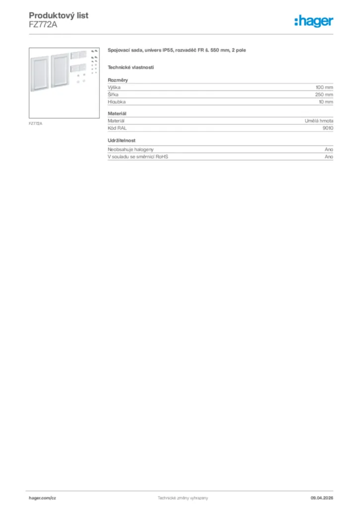 Obrázek Hager Product data sheet FZ772A | Hager