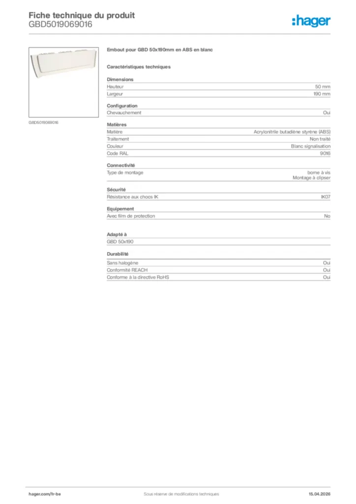 Image Hager Fiche technique du produit GBD5019069016 | Hager Belgique