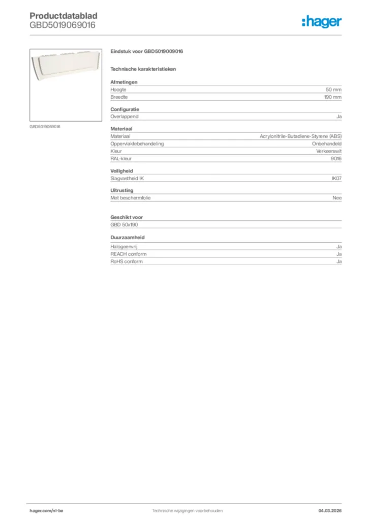 Afbeelding Hager Productdatablad GBD5019069016 | Hager Belgium