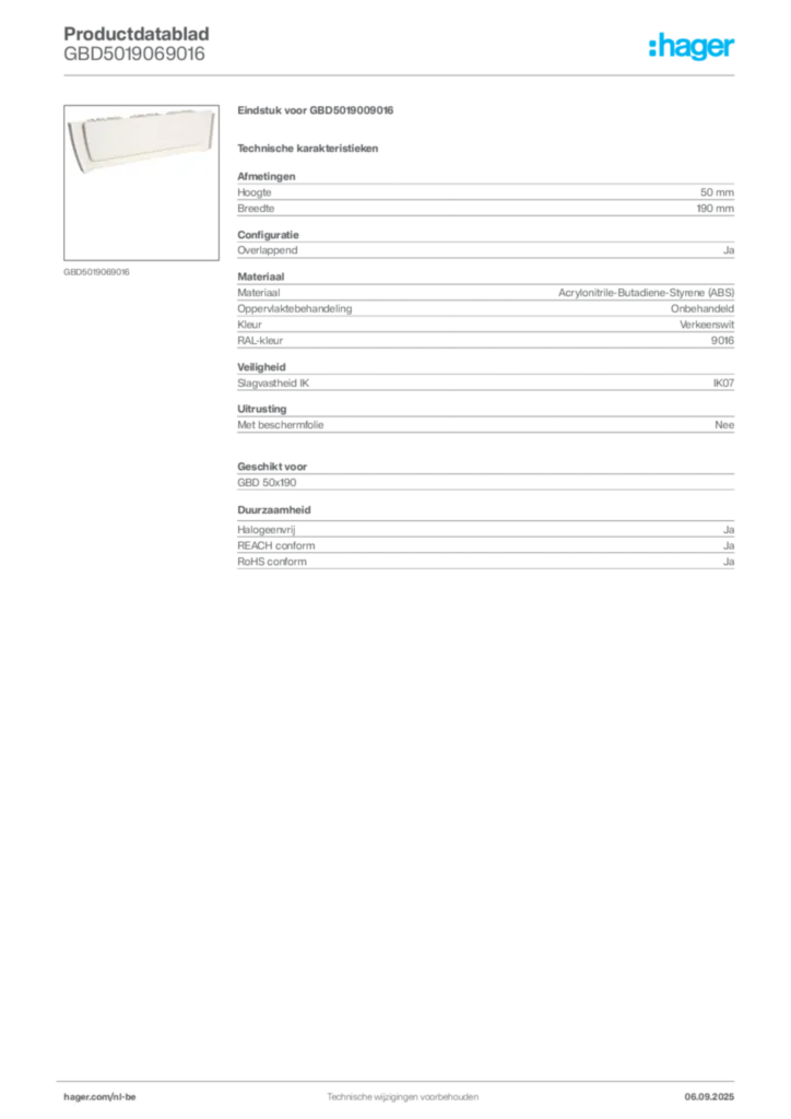 Afbeelding Hager Productdatablad GBD5019069016 | Hager Belgium