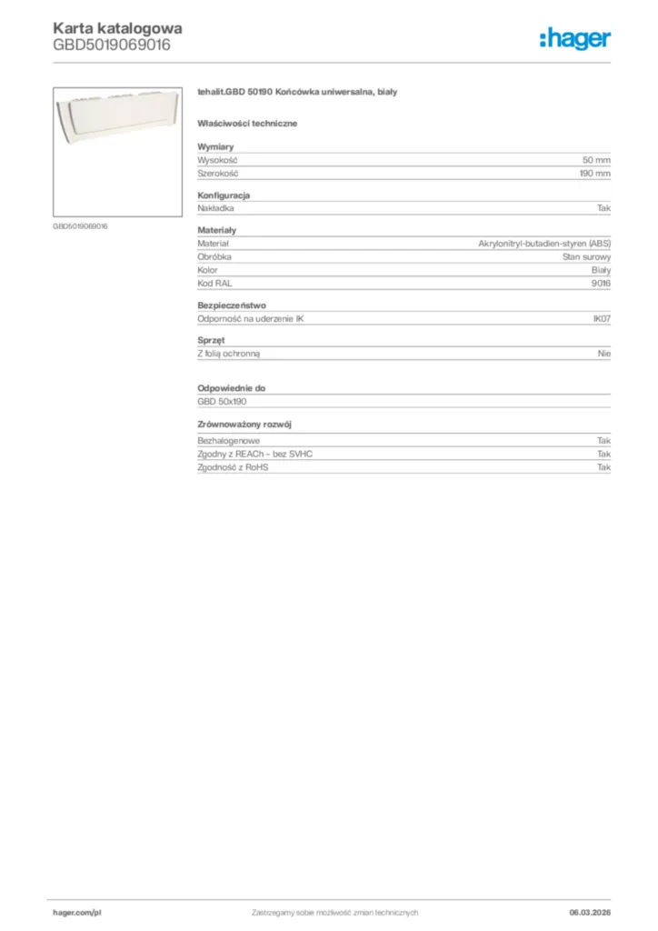 Zdjęcie Hager Karta katalogowa GBD5019069016 | Hager Polska
