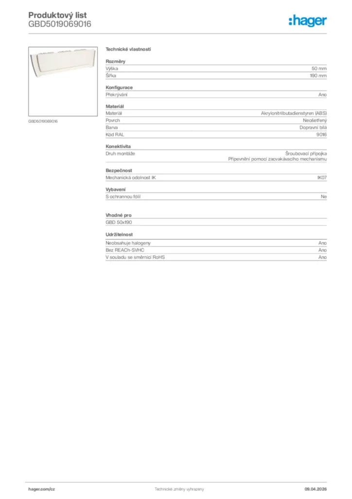 Obrázek Hager Product data sheet GBD5019069016 | Hager