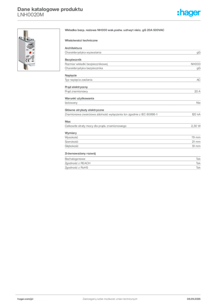 Zdjęcie Hager Dane katalogowe produktu LNH0020M | Hager Polska