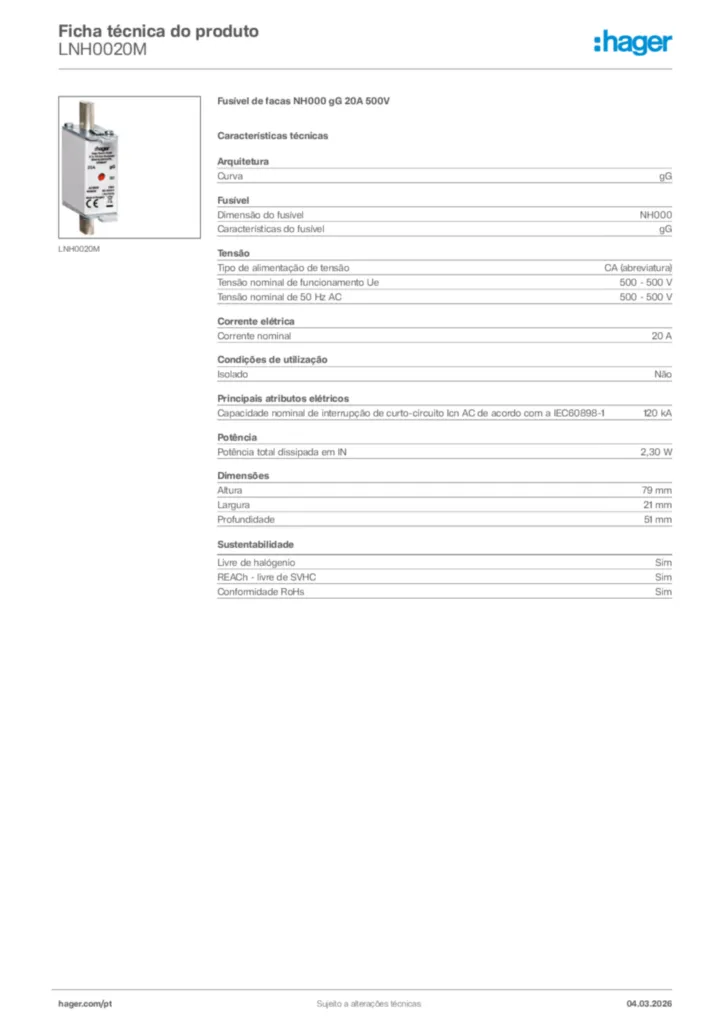 Imagem Hager Ficha técnica do produto LNH0020M | Hager Portugal