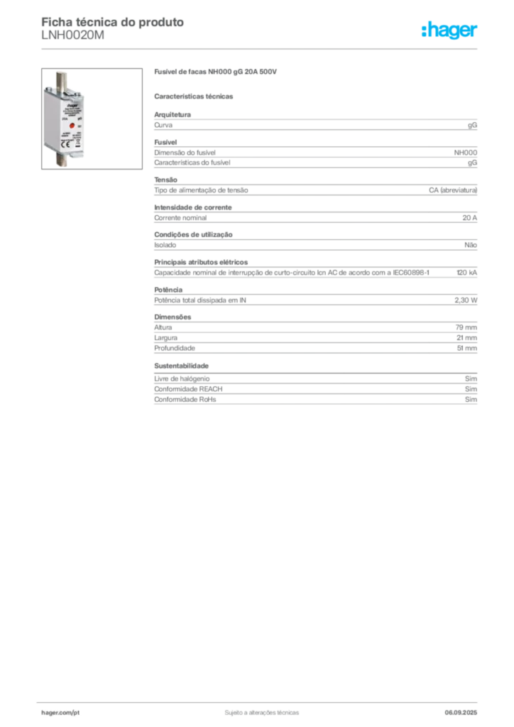 Imagem Hager Ficha técnica do produto LNH0020M | Hager Portugal
