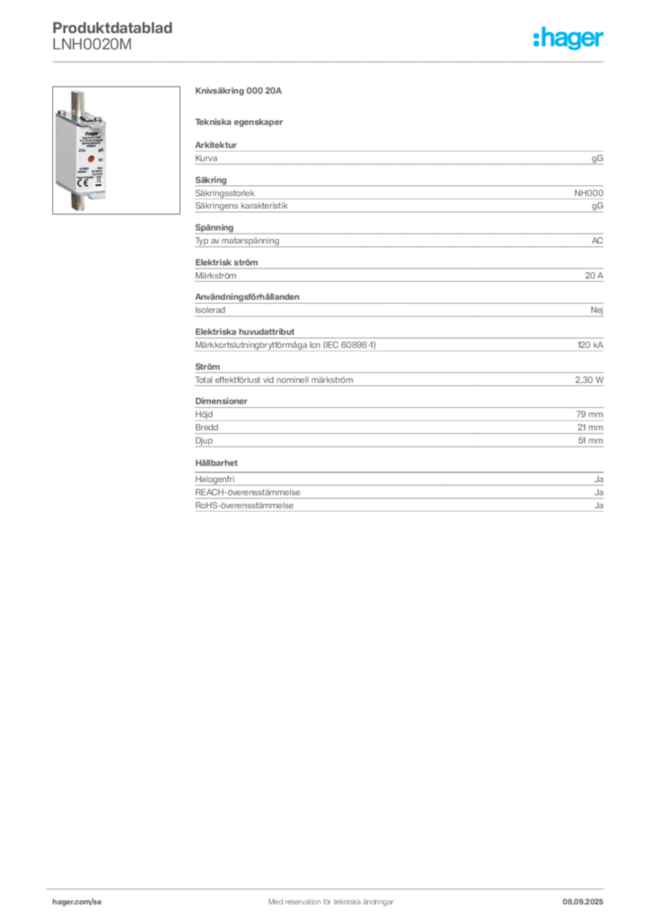 Bild Hager Produktdatablad LNH0020M | Hager Sverige