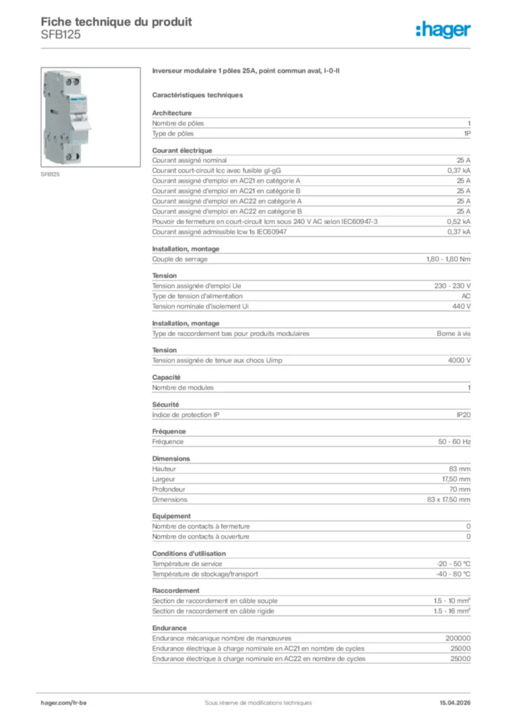 Image Hager Fiche technique du produit SFB125 | Hager Belgique