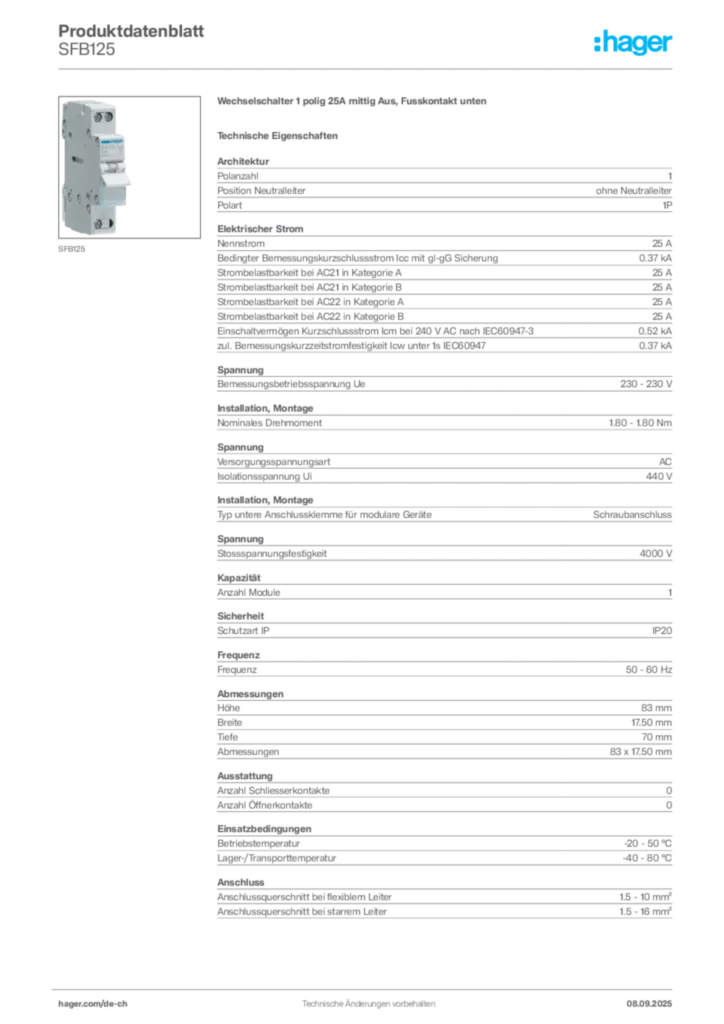 Bild Hager Produktdatenblatt SFB125 | Hager Schweiz