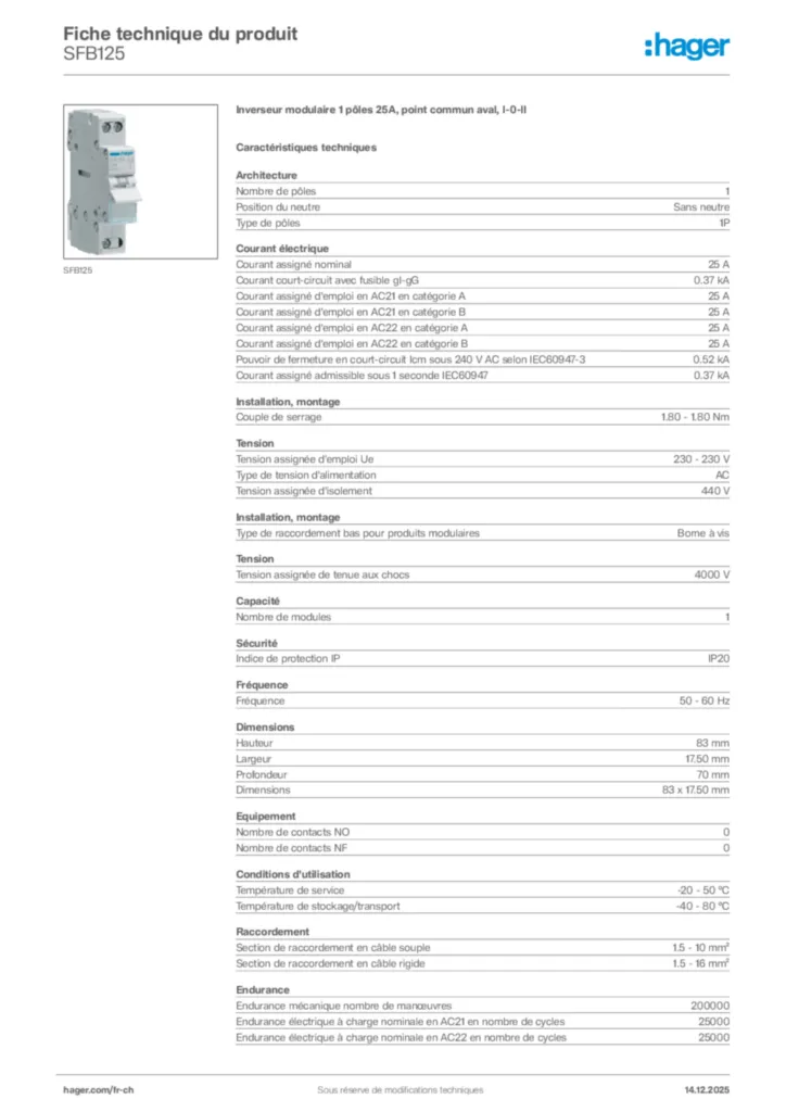 Image Hager Fiche technique du produit SFB125 | Hager Suisse