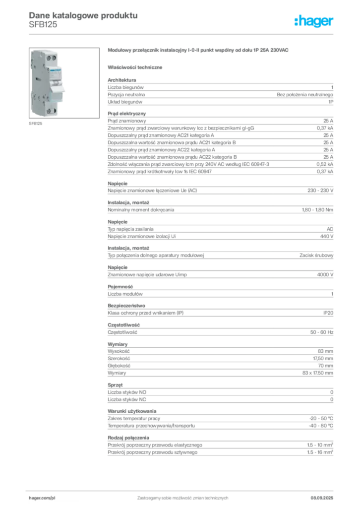 Zdjęcie Hager Dane katalogowe produktu SFB125 | Hager Polska