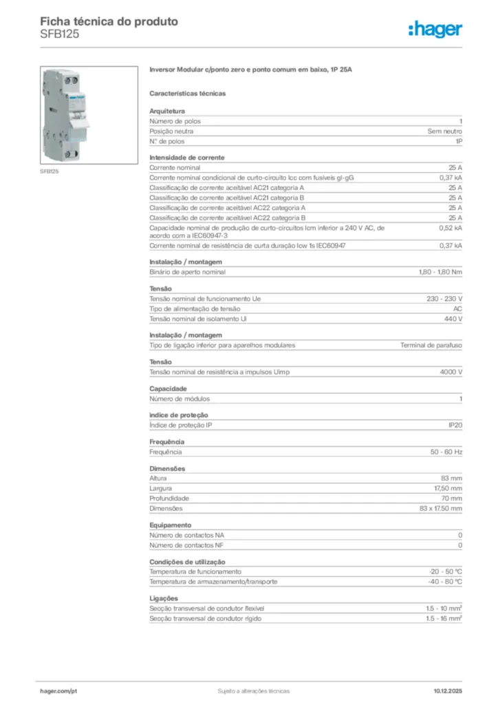 Imagem Hager Ficha técnica do produto SFB125 | Hager Portugal