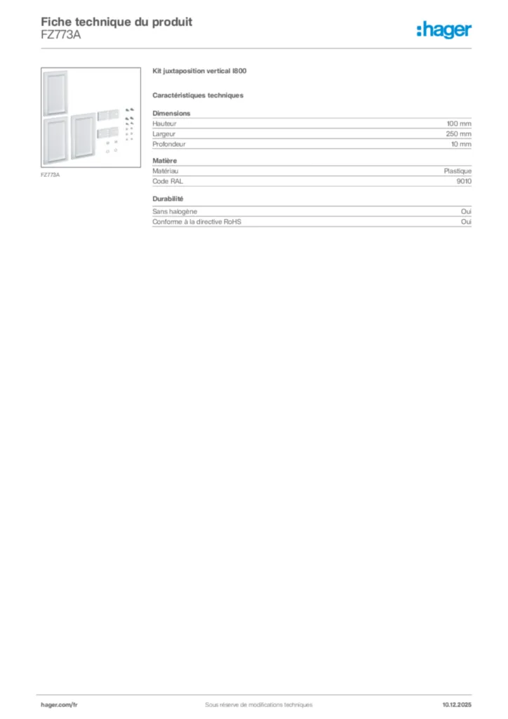 Image Hager Fiche technique du produit FZ773A | Hager France
