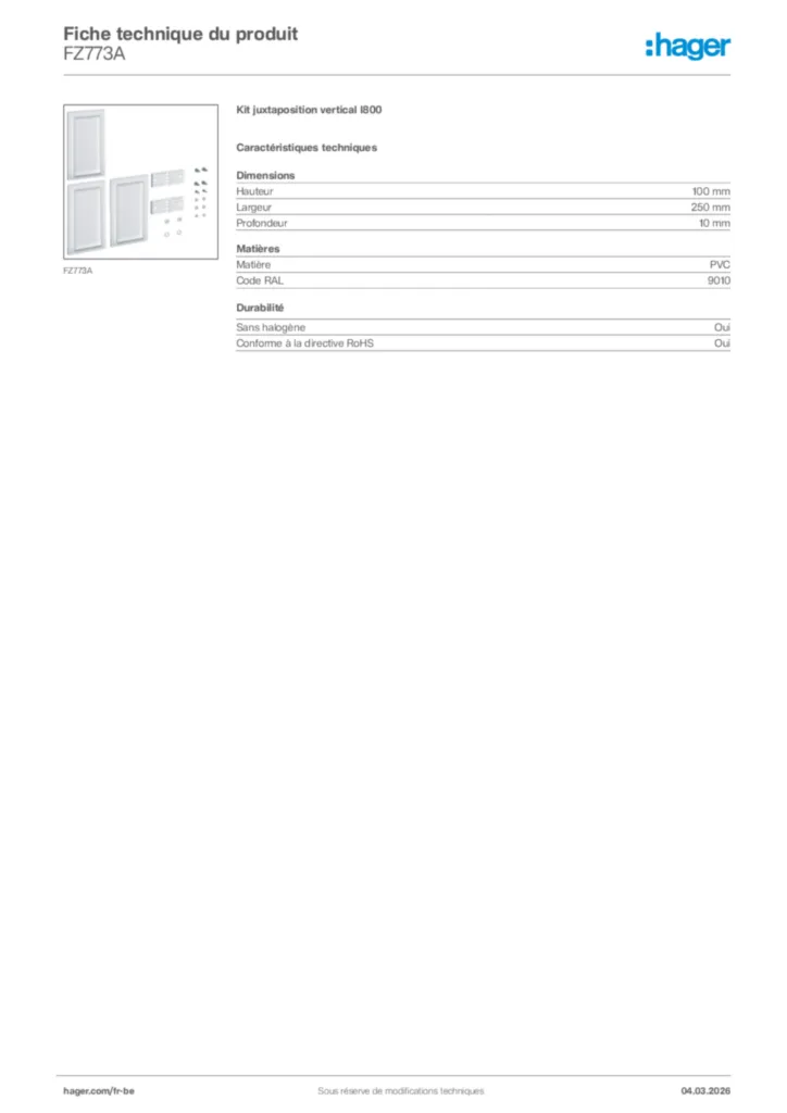Image Hager Fiche technique du produit FZ773A | Hager Belgique