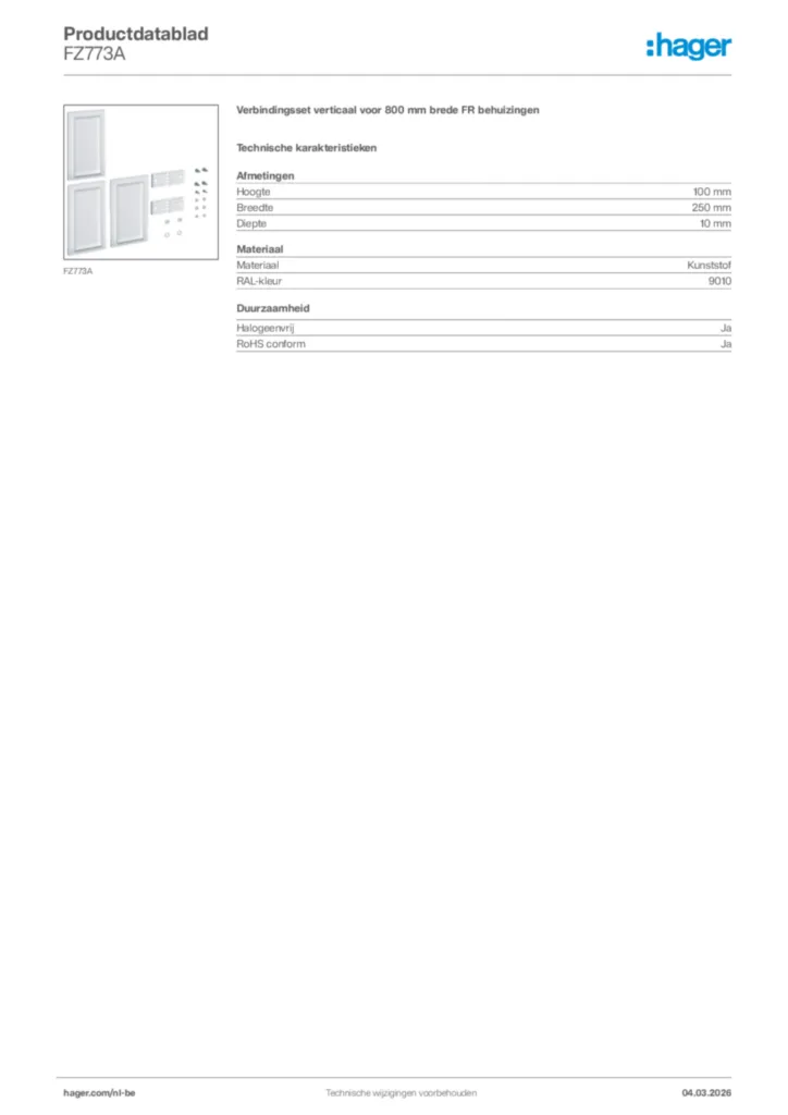 Afbeelding Hager Productdatablad FZ773A | Hager Belgium
