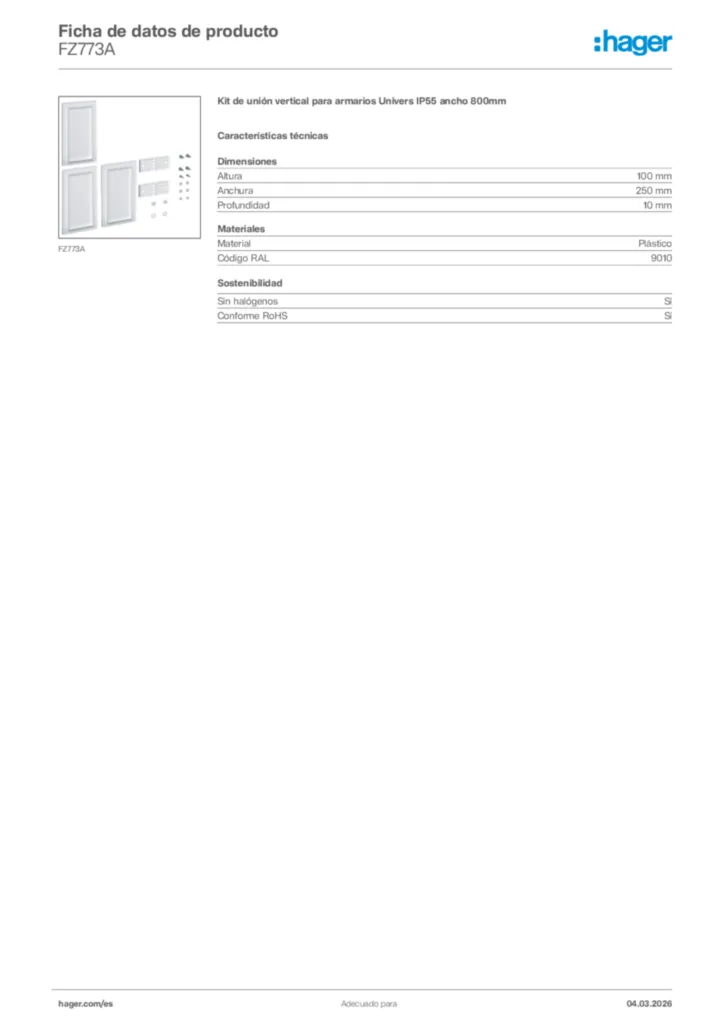 Imagen Hager Ficha de datos de producto FZ773A | Hager España