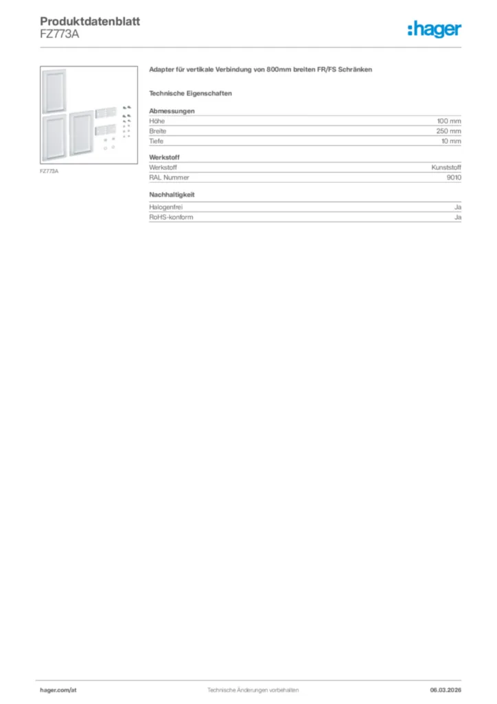Bild Hager Produktdatenblatt FZ773A | Hager Deutschland