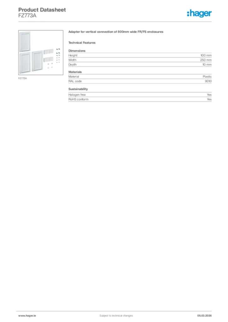 Image Hager Product data sheet FZ773A  | Hager