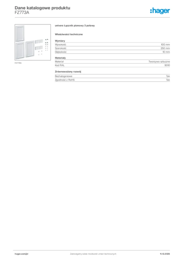 Zdjęcie Hager Dane katalogowe produktu FZ773A | Hager Polska