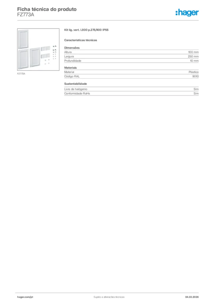 Imagem Hager Ficha técnica do produto FZ773A | Hager Portugal