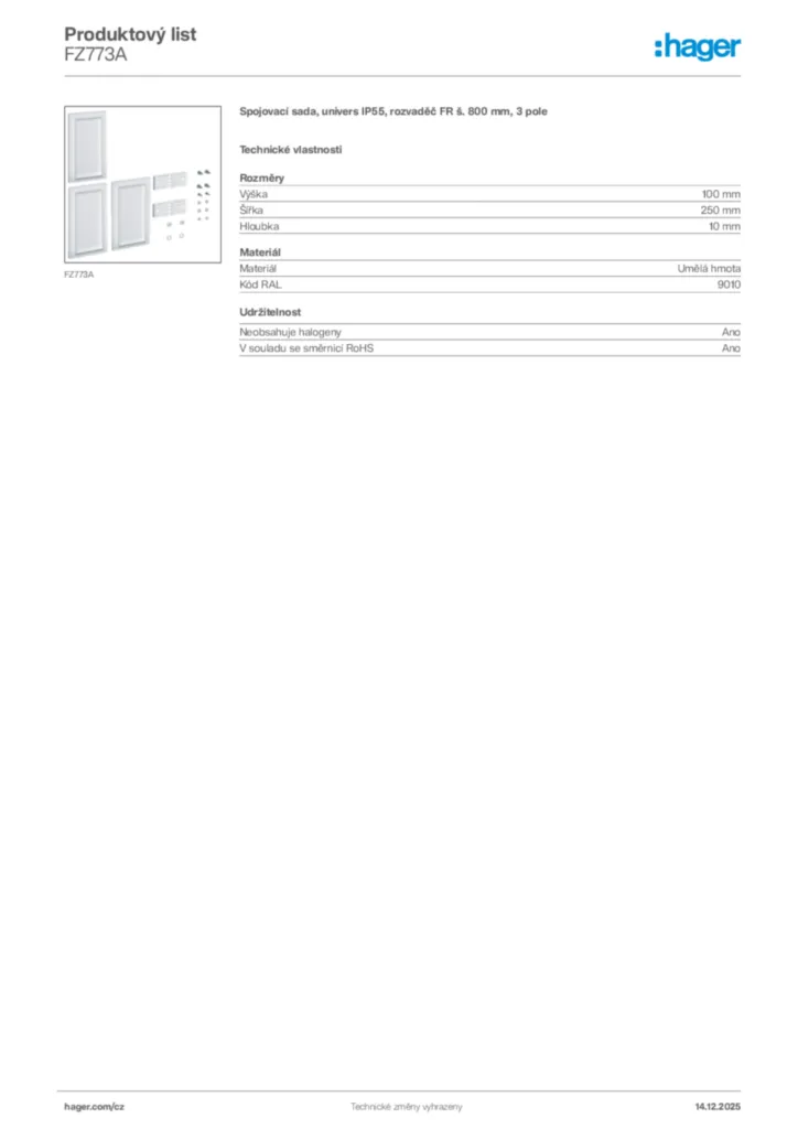 Obrázek Hager Produktový list FZ773A | Hager