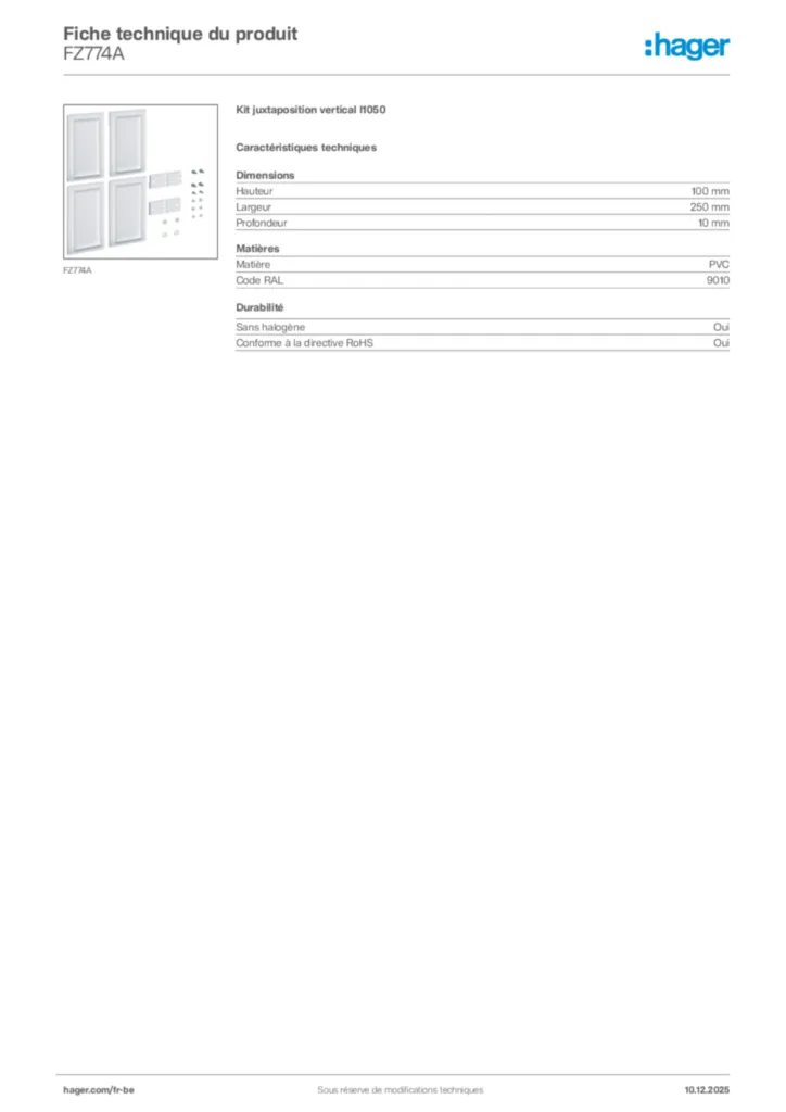 Image Hager Fiche technique du produit FZ774A | Hager Belgique