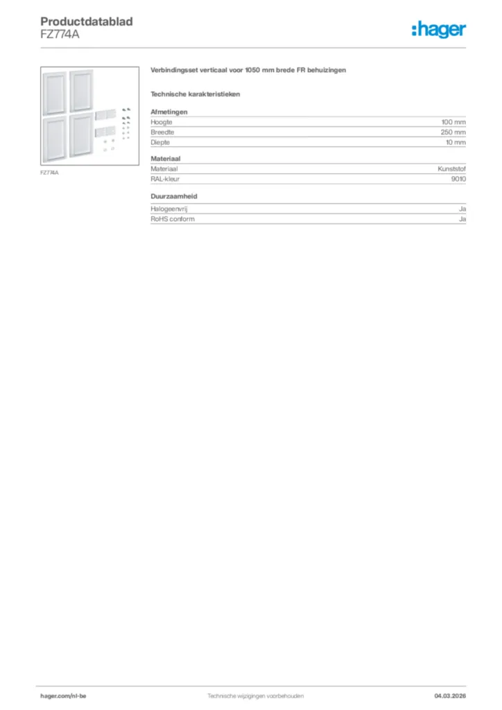 Afbeelding Hager Productdatablad FZ774A | Hager Belgium