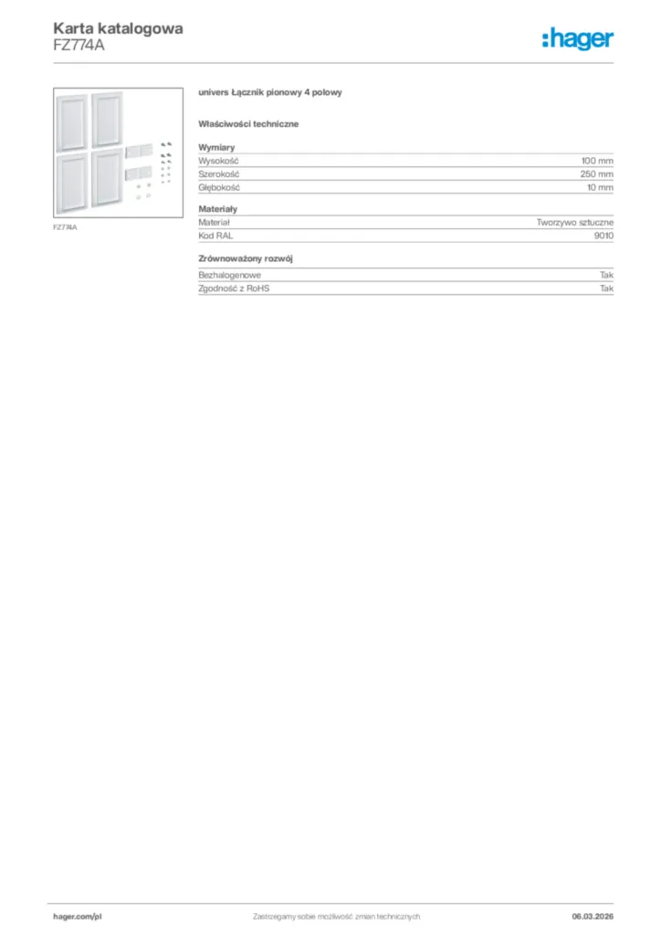 Zdjęcie Hager Karta katalogowa FZ774A | Hager Polska