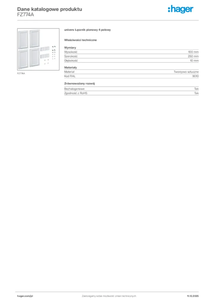 Zdjęcie Hager Dane katalogowe produktu FZ774A | Hager Polska