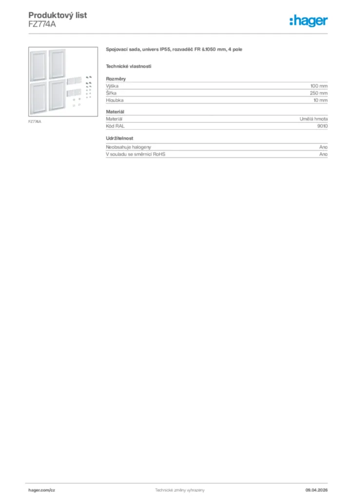 Obrázek Hager Product data sheet FZ774A | Hager
