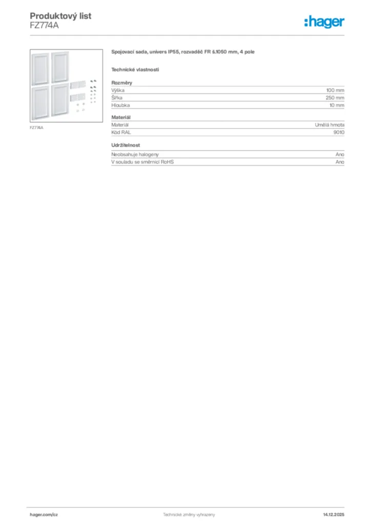 Obrázek Hager Produktový list FZ774A | Hager