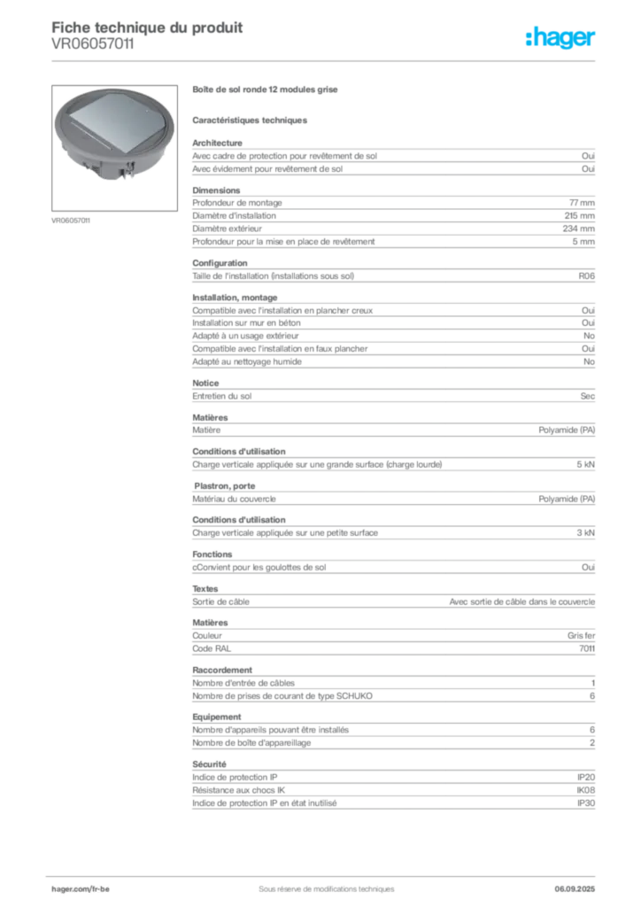 Image Hager Fiche technique du produit VR06057011 | Hager Belgique