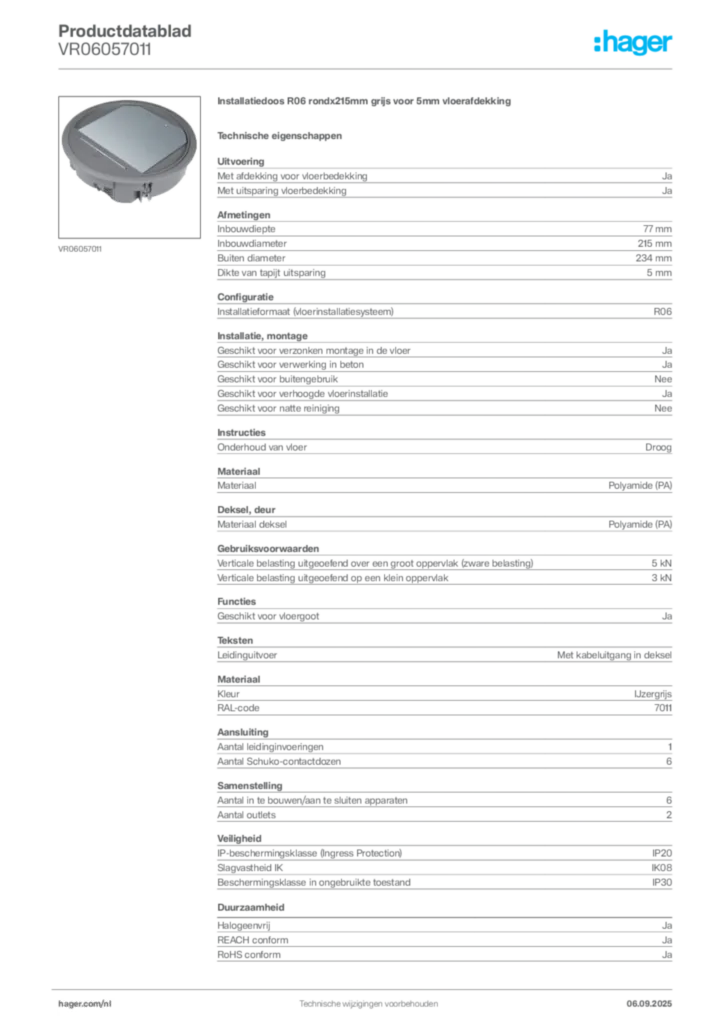 Afbeelding Hager Productdatablad VR06057011 | Hager Nederland