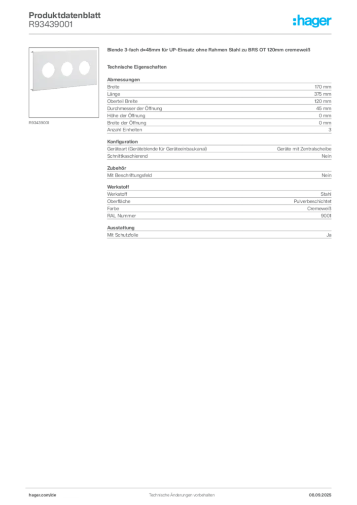 Bild Hager Produktdatenblatt R93439001 | Hager Deutschland
