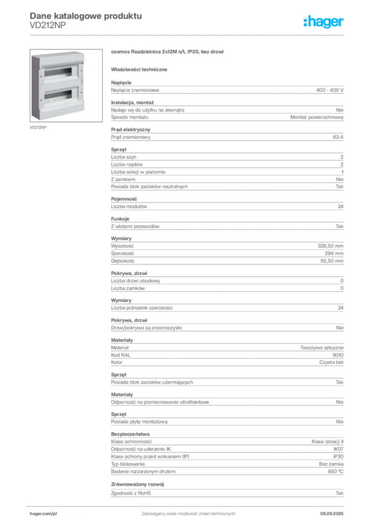 Zdjęcie Hager Dane katalogowe produktu VD212NP | Hager Polska